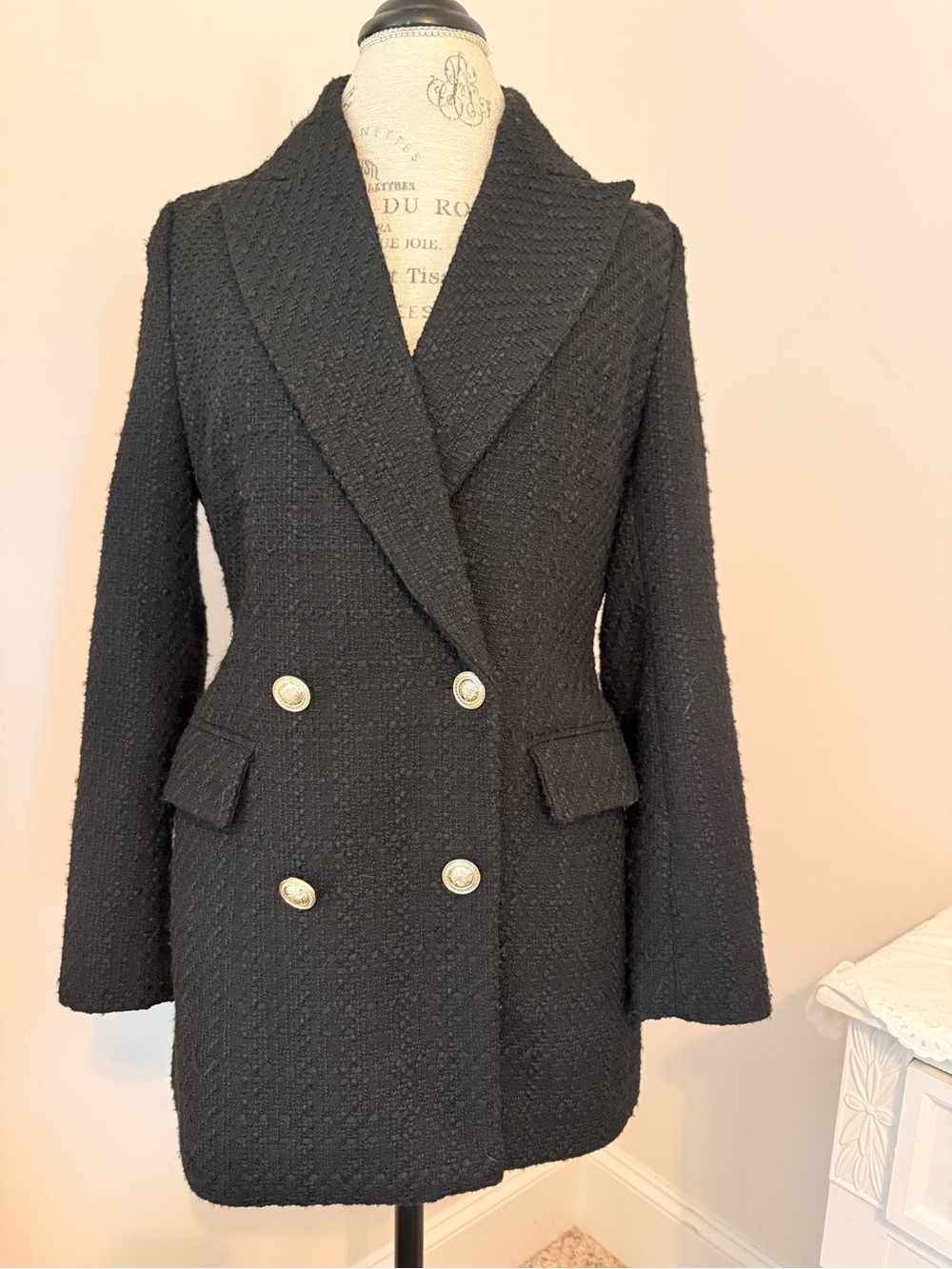 Zara Black Double-Breasted Bouclé Blazer Coat with Gold Buttons